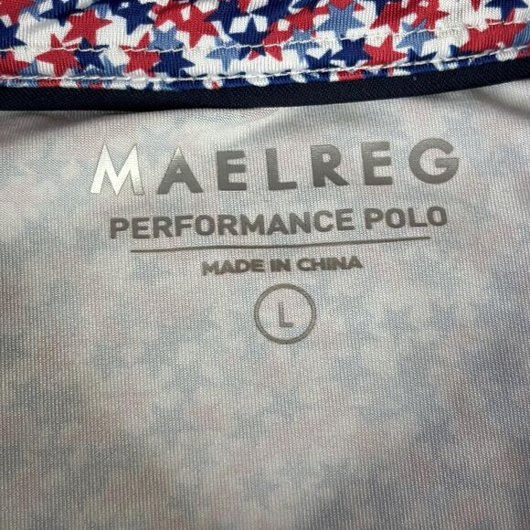 MAELREG Polo Shirt Mens Large Red White Blue Stars Performance Golf Stretch - Picture 2 of 10